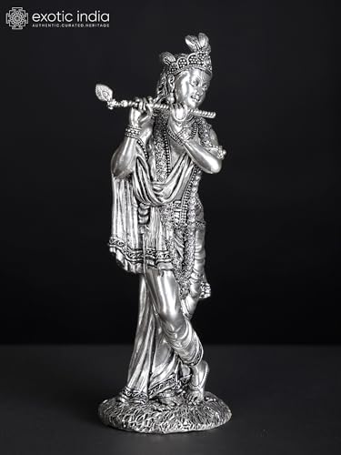 Exotic India Superfine Silver-Plated Lord Krishna Brass Statue | Kanha Ji Playing Flute Idol for Pooja Home Temple Murti Gifts - size: 7.7 Inch