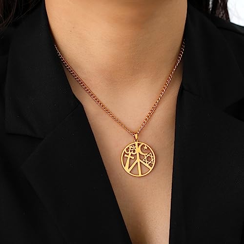 VASSAGO Coexist in Peace Necklace for Women Men Stainless Steel Yin Yang Cross Om Star Crescent Moon Pendant Religious Jewelry - color: gold 3