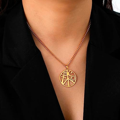 VASSAGO Coexist in Peace Necklace for Women Men Stainless Steel Yin Yang Cross Om Star Crescent Moon Pendant Religious Jewelry - color: gold 3
