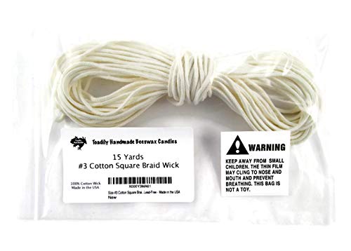 15 Yards/45 Feet - Size #3 Cotton Square Braid Candle Wick - 100% Cotton Candle Wick - Unprimed and Lead-Free - Made in the USA - size: #3