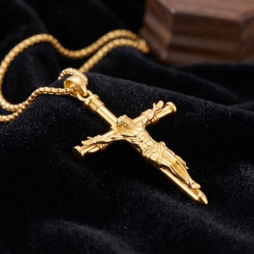 ROMANTICWORK Cross Pendant Necklace 14k Gold Plating Christian Crucifix Necklace Religious Confirmation Jewelry Gifts for Men Women - color: Jesus Cross