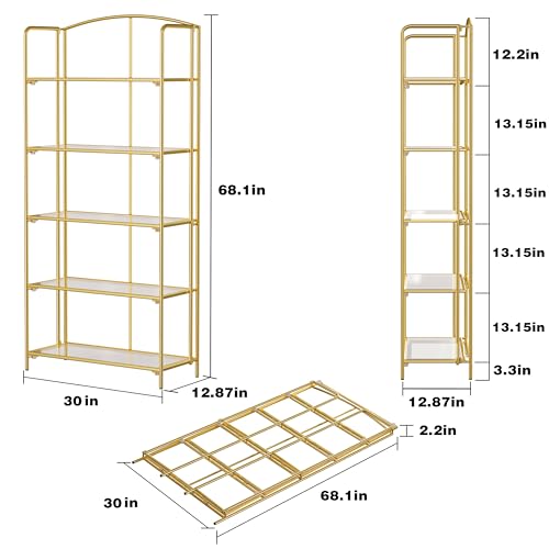 Crofy 5-Tier Wider Foldable Bookshelf, Gold Frame & Transparent Shelves - color: Gold Frame & Transparent Shelf, size: 5 Tier Wider