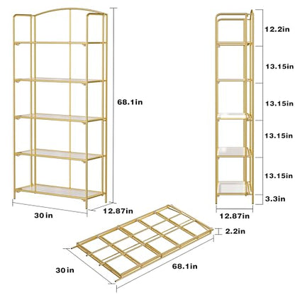 Crofy 5-Tier Wider Foldable Bookshelf, Gold Frame & Transparent Shelves - color: Gold Frame & Transparent Shelf, size: 5 Tier Wider