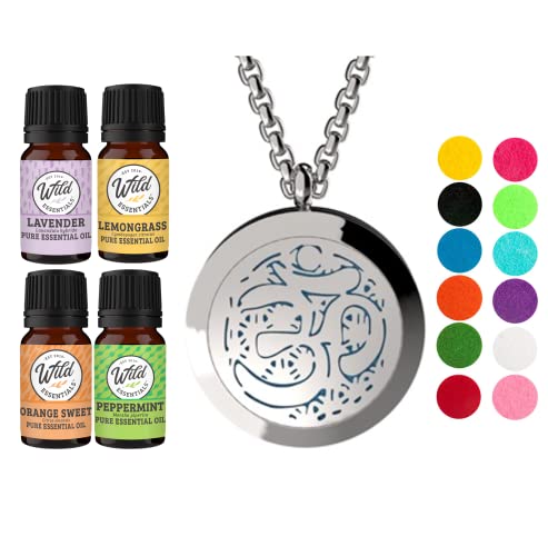 Wild Essentials Aum Om Necklace Essential Oil Diffuser Kit with Lavender, Lemongrass, Peppermint, Orange Oils, 12 Refill Pads, Calming Aromatherapy Gift Set, Customizable Color Changing, Perfume - color: Silver Aum, size: 4 Oils