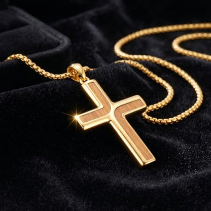 ROMANTICWORK Cross Pendant Necklace 14k Gold Plating Christian Crucifix Necklace Religious Confirmation Jewelry Gifts for Men Women - color: Wooden Cross