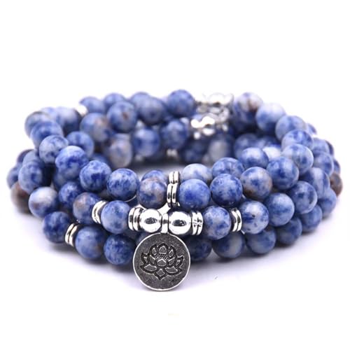 108 Mala Beads Bracelet Necklace - Gemstone Prayer Beads with Lotus Charm for Meditation & Yoga - style: Sodalite