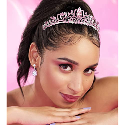 CIEHER 4/5 Pieces Women Jewelry Set - Rhinestone Crown + Drop Necklace + Elegant Bangle Bracelet + Crystal Teardrop Dangle Earrings for Bridal Wedding Party - color: Pink