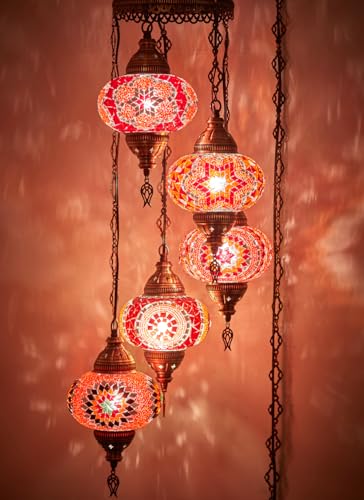 DEMMEX - 5-Large 7'' Globes Turkish Moroccan Mosaic Plug-in Chandelier - Bohemian Pendant Light with 15-ft Cord&Chain, Exotic Swag Ceiling Lamp for Living Room, Bedroom, Dining Room, 4ft Drop, Red - color: Red