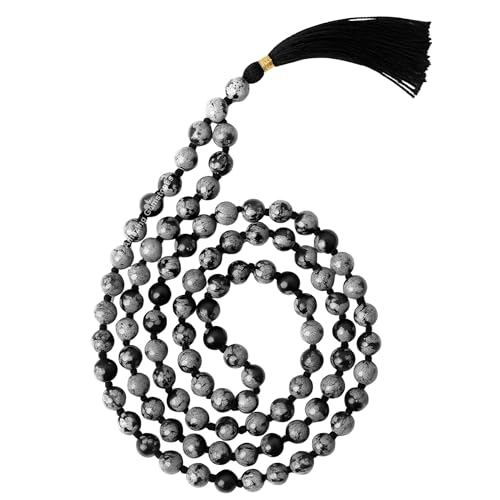 Amazing Gemstone Japa Mala 108 Prayer Beads Necklace and Wrist Mala Bracelet for Meditation - color: Snowflake Obsidian, size: Hand Knotted
