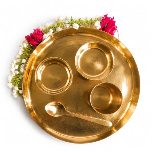 P•TAL Pure Kansa 5 Piece Dinner Thali Set | 100% Handcrafted Bronze Dinnerware | 11 Inch Thali, 2 Bowls, 1 Glass & 1 Spoon | Traditional Golden Indian Dining Set | Ayurvedic Bronze Utensils