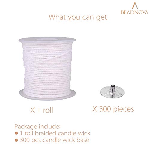 BEADNOVA Braided Candle Wick Spool with Base Set 200 ft Cotton Candle String Roll and 300pcs Wick Clips Sustainer Tabs for Making DIY