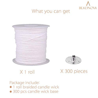 BEADNOVA Braided Candle Wick Spool with Base Set 200 ft Cotton Candle String Roll and 300pcs Wick Clips Sustainer Tabs for Making DIY