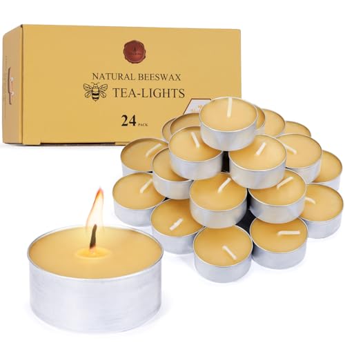 Natural Beeswax Tealight Candles in Metal Aluminum Cup, Yellow, Pack of 24