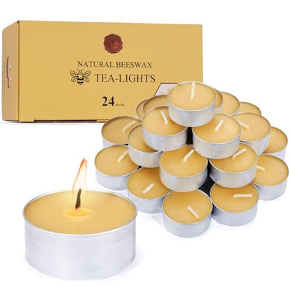 Natural Beeswax Tealight Candles in Metal Aluminum Cup, Yellow, Pack of 24