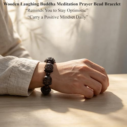 Pear Wood Buddha Beads Mala Bracelet Hand Carved Wooden Beads with Luminous Jade Lucky Charms Wealth Attracting Buddhist Prayer Bracelet for Men and Women Healing Energy Running Ring - color: Brown