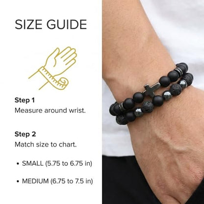 Mens Beaded Bracelets, Cross Bracelet for Men with Hematite Black Obsidian Lava Stone Triple Protection Bracelets for Men - size: Medium, style: Cross