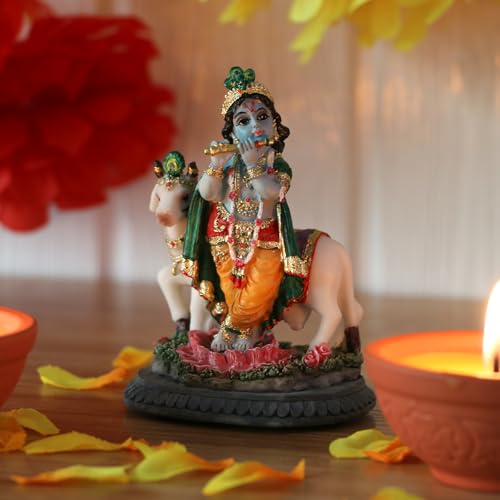 alikiki Hindu Idol Lord Krishna Statue- 3.7”H Handmade Standing Krishna Murti Playing Flute with Cow for Home Office Mandir Temple Altar Shrine Pooja Item Diwali Puja Gifts