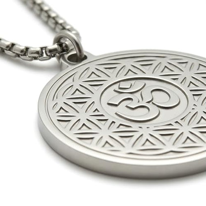 1" Stainless Steel Necklace Charms | Third Eye Vision | Peace Symbol | Finding Your Self | Yin & Yang | Moon Cat | Turtle Power | Flower of Life | | OM | Mystical Spiritual Protection, for Men & Women - style: OM Flowering Silver