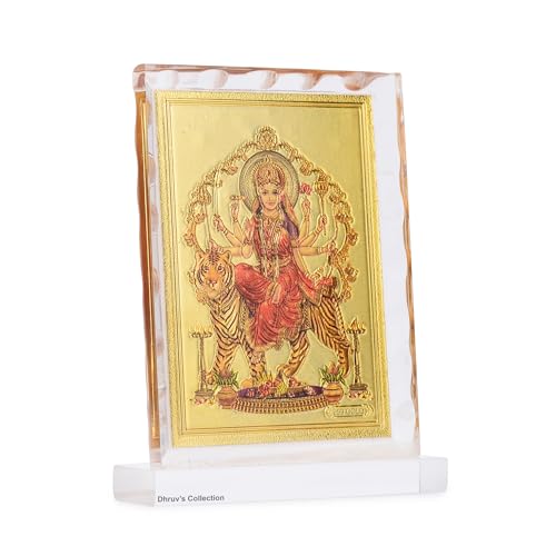DHRUVS COLLECTION Gold Plated Shera Wali MATA, Durga Maa Idol Acrylic Diamond Cut Photo Stand for Home Decor, Car Dashboard, Office Table, Temple, Housewarming Gift (10.5 x 8 Centimeters) - color: Durga Maa
