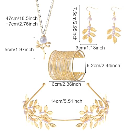 9 Pcs Greek Goddess Accessories for Women Golden Roman Laurel Leaf Crown Headband Upper Arm Cuff Bracelet Pearl Drop Earrings Necklace Toga Waist Belt Toga Costume Jewelry for Bridal Bridesmaid Wedding Party - style: GREEK