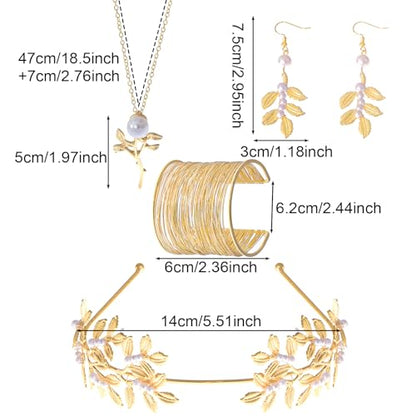 9 Pcs Greek Goddess Accessories for Women Golden Roman Laurel Leaf Crown Headband Upper Arm Cuff Bracelet Pearl Drop Earrings Necklace Toga Waist Belt Toga Costume Jewelry for Bridal Bridesmaid Wedding Party - style: GREEK