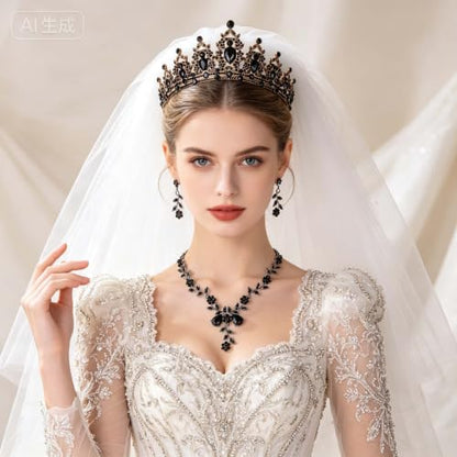 Kamirola Tiaras and Crowns for Women,Tiaras Earrings Necklace, Crystal Bridal Jewelry Set, Costume Party Halloween Prom Pageant Jewelry for Women(TR45) - color: Black