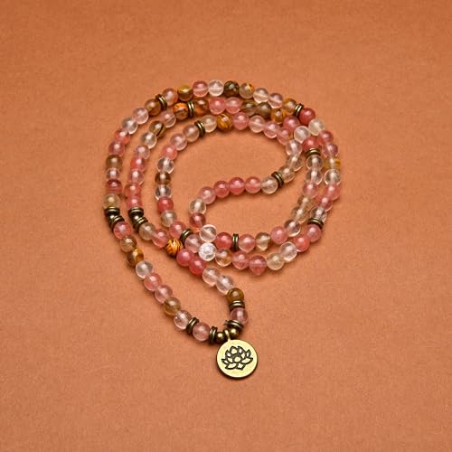 108 Healing Mala Beads Bracelet or Necklace with Gold Lotus Charm - style: Watermelon Tourmaline
