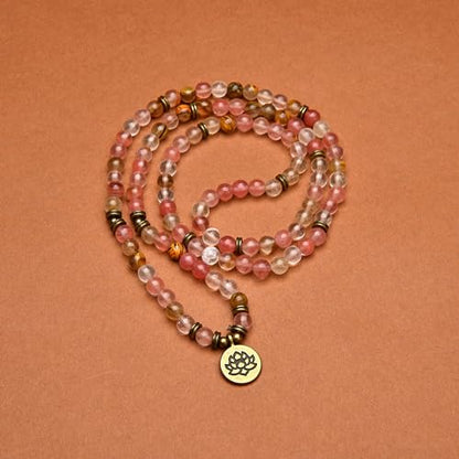 108 Healing Mala Beads Bracelet or Necklace with Gold Lotus Charm - style: Watermelon Tourmaline