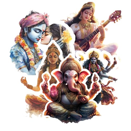 Hindu God Sticker Set – 9 Pack – Glossy Vinyl – Krishna, Radha, Shiva, Ganesha, Saraswati, Lakshmi – Multiple Sizes (5 Inch, 9, Count) - size: 5 Inch