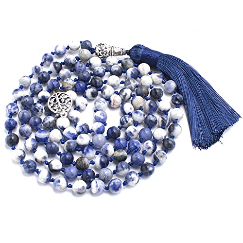 108 Mala Prayer Beads Necklace Natural Stones Meditation Yoga Jewery 108 Hand Knotted Japa Mala Beaded Long Tassel Necklace with Tree of Life Pendant for Men and Women - color: 8mm Flower Sodalite