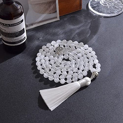 108 Mala Prayer Beads Necklace Natural Stones Meditation Yoga Jewery 108 Hand Knotted Japa Mala Beaded Long Tassel Necklace with Tree of Life Pendant for Men and Women - color: 8mm White Transparent Marble
