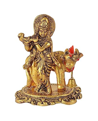 Krishna Idol with Kamdhenu Cow Made of Metal Krishanji Statue Traditional Antique Finish Figurine for Home Office Temple Decoration Puja Murti Housewarming & Janmashtami Gift (9 CM)
