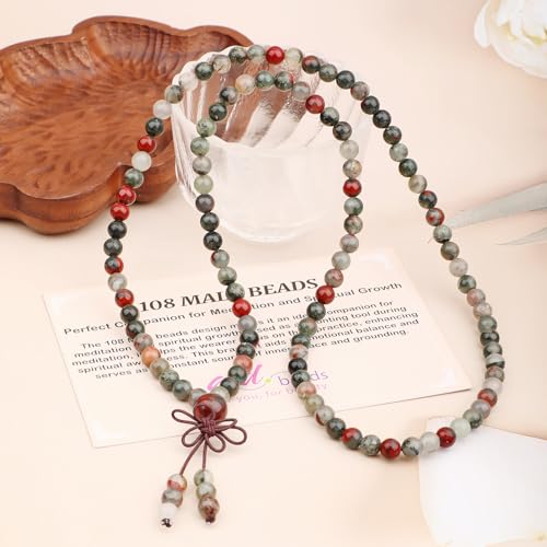 AD Beads 6mm 8mm 108 Prayer Mala Jasper Elastic Bracelet - Handmade Yoga Meditation Healing Power Energy Gifts for Unisex Adult. - color: African bloodstone(Strengthen the body)