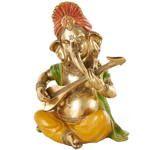 Deco 79 Resin Ganesh Decorative Sculpture Musician Home Decor Statue with Green, Yellow, and Red Accents, Accent Figurine 9" x 5" x 11", Gold - color: Gold, size: 9" x 5" x 11"