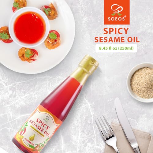 Soeos Spicy Sesame Oil, 8.45 fl oz (250ml), Pack of 1, Aromatic Chili-Infused Flavor, Bold Heat & Nutty Taste, Toasted Sesame Chili Oil, Ideal for Stir-Fry, Marinade, Dressings, and Dipping Sauces - size: 8.45 Fl Oz (Pack of 1)