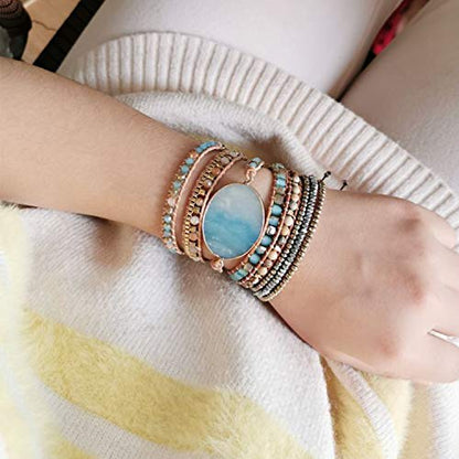 Plumiss Women Boho Handmade Natural Stone Crystal Leather Bead Wrap Bracelets Collection - style: Amazonite