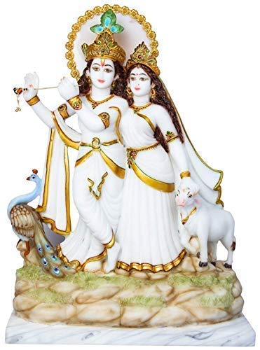 Lord Radha Krishna Marble Idol Krishna Statue Home Decor Spiritual Puja Vastu Showpiece Figurine-48 cm (White Gold)