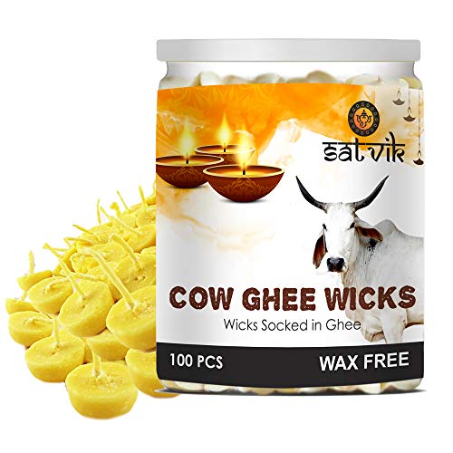 SATVIK Pack of 100 Pure Cow Ghee Wicks for Puja | Ready-to-Use Diya Batti | 30-Min Burn Time | Wax-Free Cotton Wicks | Ideal for Pooja, Meditation, Diwali, and Housewarming Gifts - size: 100PC