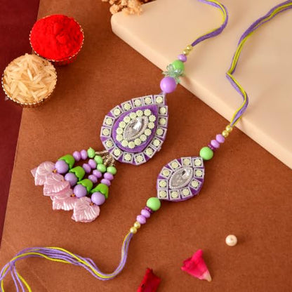 Premium Designer Bhaiya Bhabhi Rakhi Set with Lumba, Greeting Card, Roli Chawal & Fridge Magnet - color: Design-6
