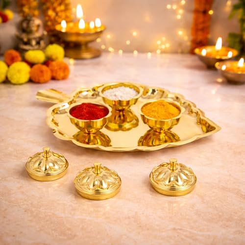 Spillbox Brass 3 Leaf Bowl Pooja Thali | Traditional Handcrafted Thali Holder with Lid for Mandir & Home | Roli, Chawal | Pooja Item Gift for Diwali, Navratri - 3 Leaf Bowl - Small