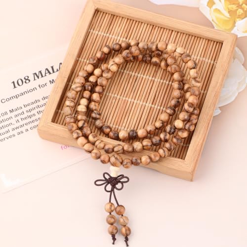 AD Beads 6mm 8mm 108 Prayer Mala Jasper Elastic Bracelet - Handmade Yoga Meditation Healing Power Energy Gifts for Unisex Adult. - color: Vietnamese Sandal Wood(Warmth)