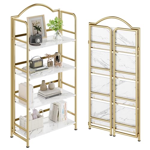 Gold Folding Bookshelf 4 Tiers, No Assembly,Vintage Storage Rack,White&Gold - color: White&gold-2, size: 4-tier