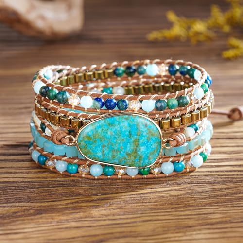 Plumiss Women Boho Handmade Natural Stone Crystal Leather Bead Wrap Bracelets Collection - style: Chrysocolla-Ne
