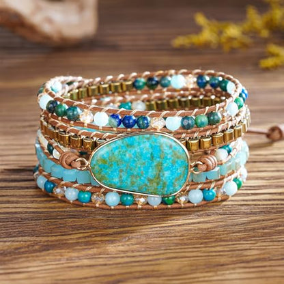 Plumiss Women Boho Handmade Natural Stone Crystal Leather Bead Wrap Bracelets Collection - style: Chrysocolla-Ne