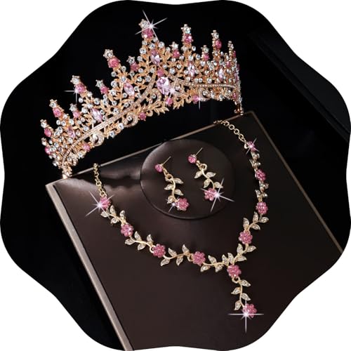 Kamirola Tiaras and Crowns for Women,Tiaras Earrings Necklace, Crystal Bridal Jewelry Set (TR48) - color: Gold Pink