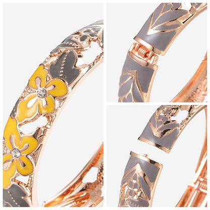 UJOY Fashion Cloisonne Bracelets Plated Butterfly Filigree Enameled Womens Gifts Bangles Spring Hinged 88A09 - color: A09-2 PCS/Set-Grey Yellow