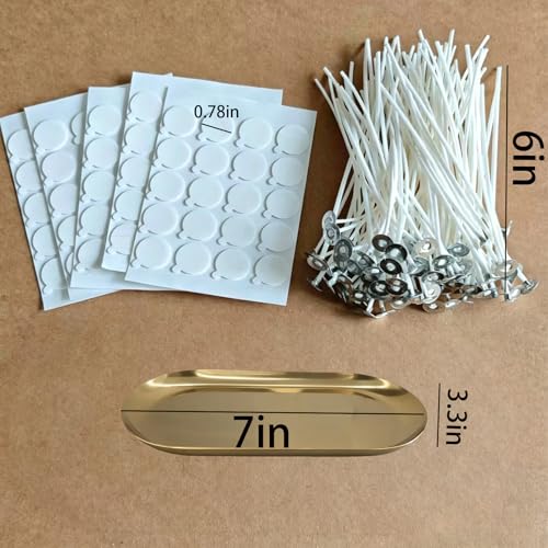 6 inch Pre-Waxed Candle Wicks - 100 Pcs Wicks with 100 Wick Stickers & 1 Gold Tray Holder, Low Smoke Wicks for DIY Candle Making, Soy Wax, Beeswax, Coconut Wax (Gold, 7) - color: Gold, size: 7