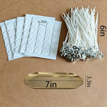 6 inch Pre-Waxed Candle Wicks - 100 Pcs Wicks with 100 Wick Stickers & 1 Gold Tray Holder, Low Smoke Wicks for DIY Candle Making, Soy Wax, Beeswax, Coconut Wax (Gold, 7) - color: Gold, size: 7