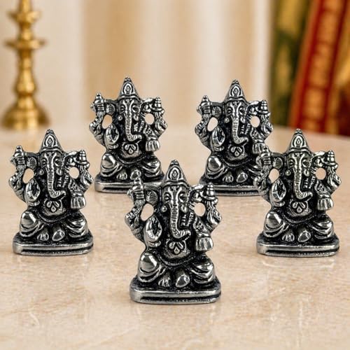 LOVENSPIRE 5 Pcs Metal Ganesh Idol for Car Dashboard - 2" Spiritual Ganesh Statue for Mandir, Office & Home Decor - Small Ganpati Murti Figurine, Diwali Pooja & Housewarming Return Gift, Silver - color: Metal Silver, size: 5 Pcs