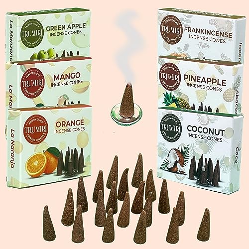 Trumiri Fruity Incense Cones - Variety Pack - Total 60 Cone Incense (6 Scents x 10 Conos) - Strawberry, Coconut, Pineapple, Apple, Mango, Orange - Cone Incense Scents - Insense Cones - Incent Cone - color: Fruity